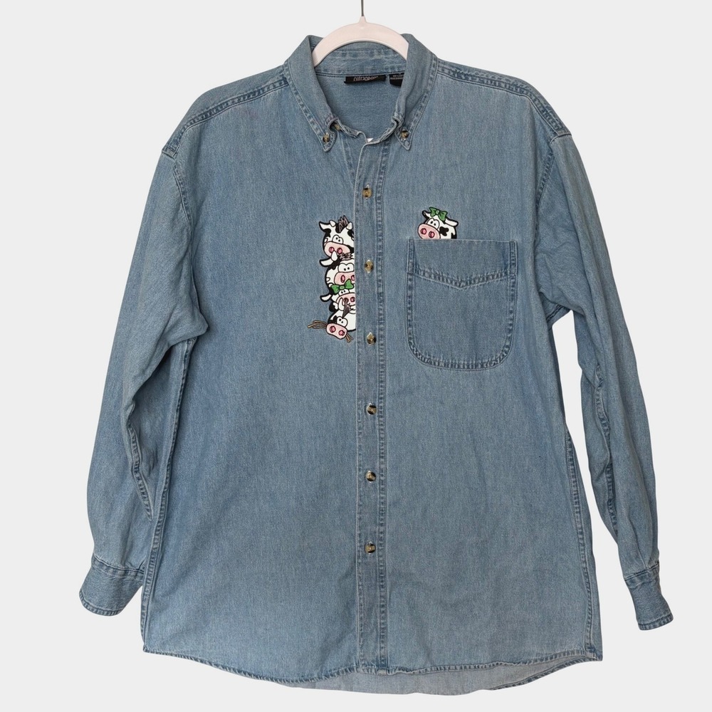Vtg 90s Outrageous Sports Cow Denim Shirt M Cottagecore Farm Kawaii Embroidered